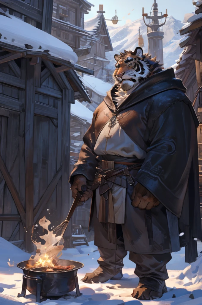 By Taran Fiddler, One man, furry, anthropomorphic snow tiger, mature male, dilf, older male, muscular, mustache, handsome face, white and black fur, stern face, medieval clothing, wearing light brown cloak, wearing satchel, standing up, arms crossed, cooking pot nearby, snow background, tent settlement background, moutain background, silhouettes in background (slightly crowded)