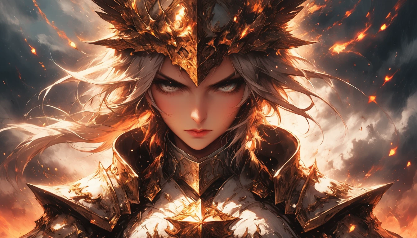 (um close-up,high qualiy,32k),[elsword],[knightgirl],[armors],[detail:1.2],(gold),(steel),(Spitz),(Ablaze),(ornated),(intricate),[helmet],(luvas de cgold),[focused],[determined],[heroic],[stern expression],(Mediovale),(fancy),(command pose),[elaborate background],(dramatic lighting),(stormy atmosphere),(storm clouds),(majestic),(mighty),(concentrated),(Stately),(looking off into distance)
