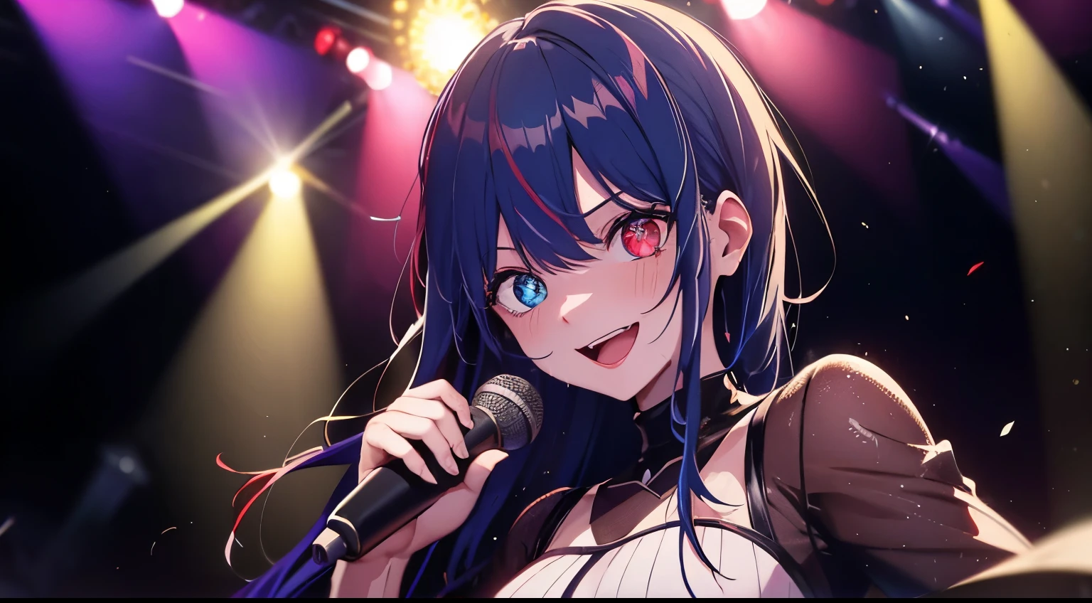 heterochromia、red eyes,yellow eyes、Idol singer singing with live music、Singing while sweating alone、Have fun with a smile、Hair color is blue hair、Proud Idol、slim figure、The background is the stage