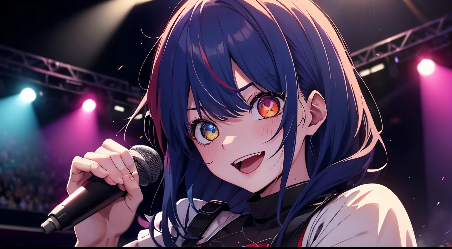 heterochromia、red eyes,yellow eyes、Idol singer singing with live music、Singing while sweating alone、Have fun with a smile、Hair color is blue hair、Proud Idol、slim figure、The background is the stage
