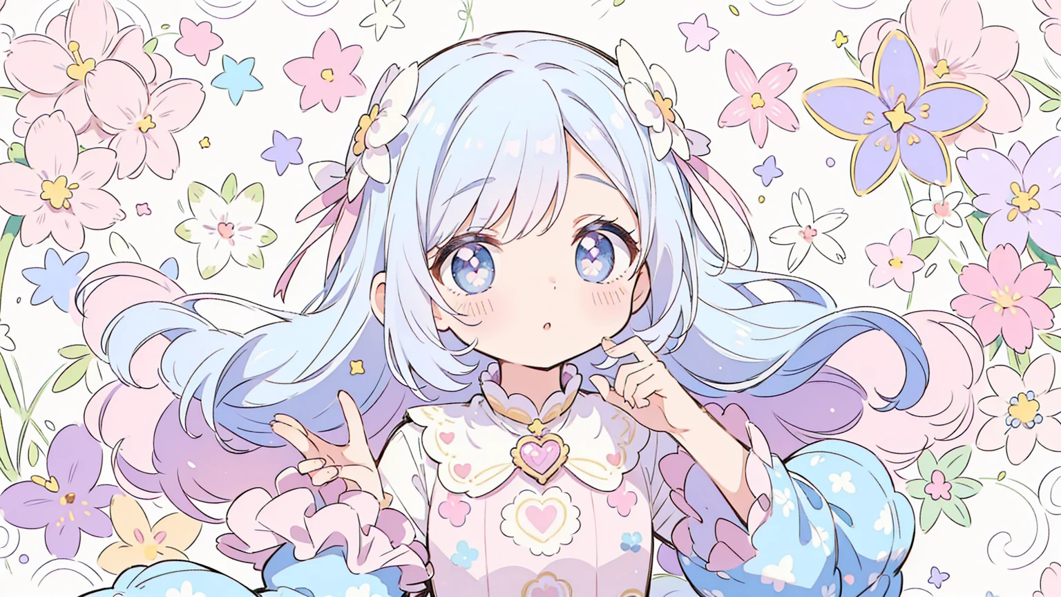 (pastel background:1.2), patterned background, (small doodles everywhere), an entire backgound filled with a repeating pattern of cute hearts, stars and butterlfies and flowers and other cute stuff, (light background:1.2)