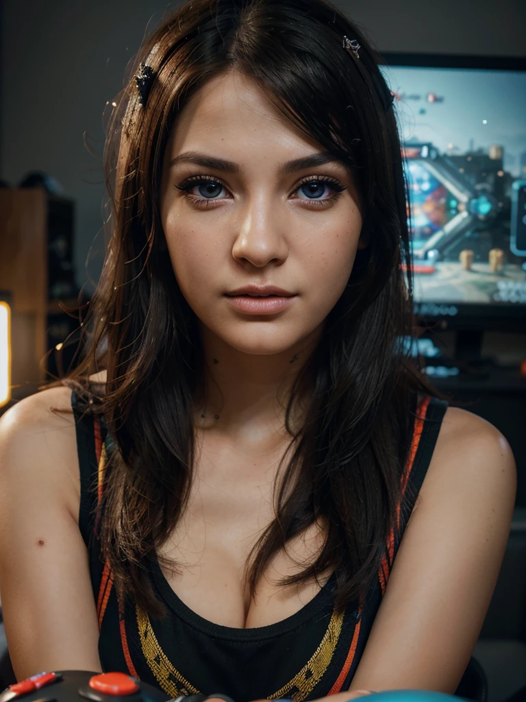 detailed portrait of a woman playing video games, close-up, beautiful detailed eyes, beautiful detailed lips, extremely detailed face and features, long eyelashes, focused expression, colorful video game controller in hands, indoor setting with gaming setup in background, cinematic lighting, digital art, vibrant colors, photorealistic, 8k, hyper detailed, masterpiece