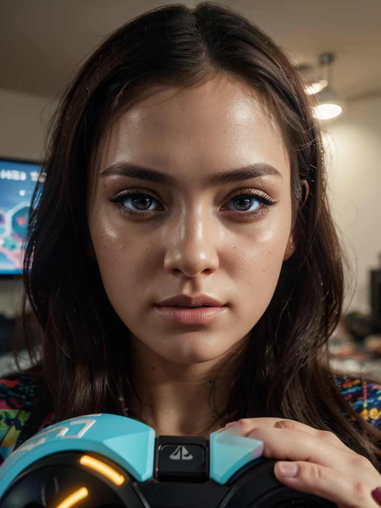 detailed portrait of a woman playing video games, close-up, beautiful detailed eyes, beautiful detailed lips, extremely detailed face and features, long eyelashes, focused expression, colorful video game controller in hands, indoor setting with gaming setup in background, cinematic lighting, digital art, vibrant colors, photorealistic, 8k, hyper detailed, masterpiece