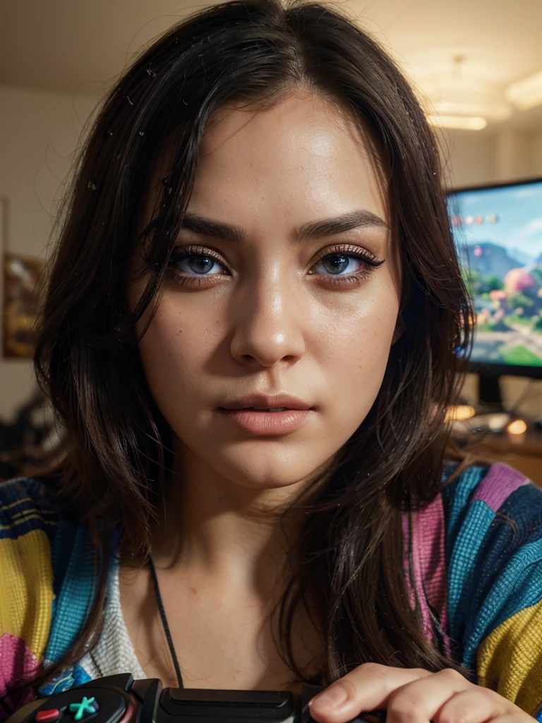 detailed portrait of a woman playing video games, close-up, beautiful detailed eyes, beautiful detailed lips, extremely detailed face and features, long eyelashes, focused expression, colorful video game controller in hands, indoor setting with gaming setup in background, cinematic lighting, digital art, vibrant colors, photorealistic, 8k, hyper detailed, masterpiece