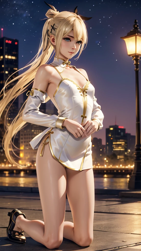 (masterpiece), (best quality), (detailed), light layer, 1solo girl, young girl, perfect body, blonde bun hairstyle , defined ?????, defined collarbone, ultra realistic, photorealistic, detailed, ,Enhance, wearing a white and gold short cheongsam, cityscape at night background, kneeling
