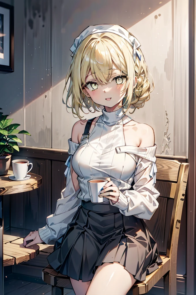 (アイスWallenstein, Wallenstein, blonde, Hair between the eyes, hair band, happy smile, smile, Open your mouth,Blonde,Long Hair, (Yellow Eyes:1.5),One-shoulder sweater,Long skirt,short boots,Sitting in a chair,There is food on the table,Daytime,Clear skies,whole bodyがイラストに入るように,　　　　　　　　　　　　　　　　　break looking at viewer, whole body,　　　　　　　　　　　break indoors,Coffee shop,,　　　　　　　　　　　　　　　 break (masterpiece:1.2), Highest quality, High resolution, unity 8k wallpaper, (shape:0.8), (Beautiful and beautiful eyes:1.6), Highly detailed face, Perfect lighting, Extremely detailed CG, (Perfect hands, Perfect Anatomy),