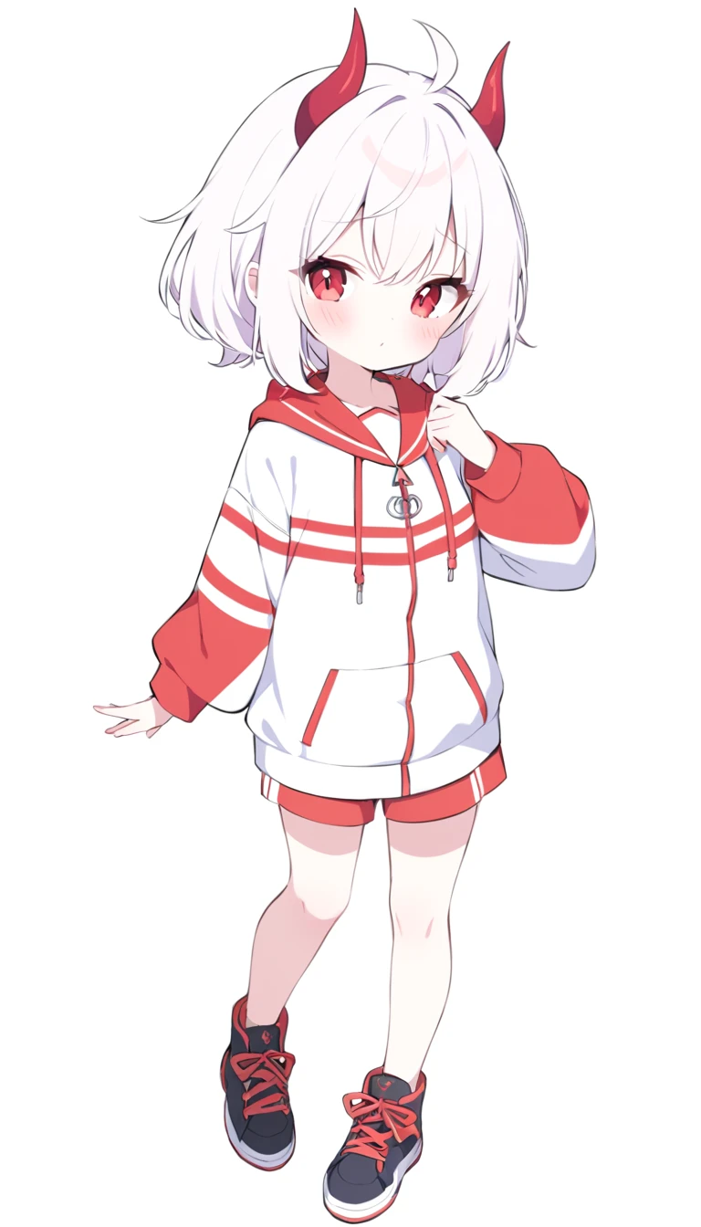 Teenage girl, devil girl, small red horns, white hair, short fluffy hair, big red eyes, pale skin, blushing cheeks, red cheeks, white sportswear with a red side stripe from left to right. white background, full body