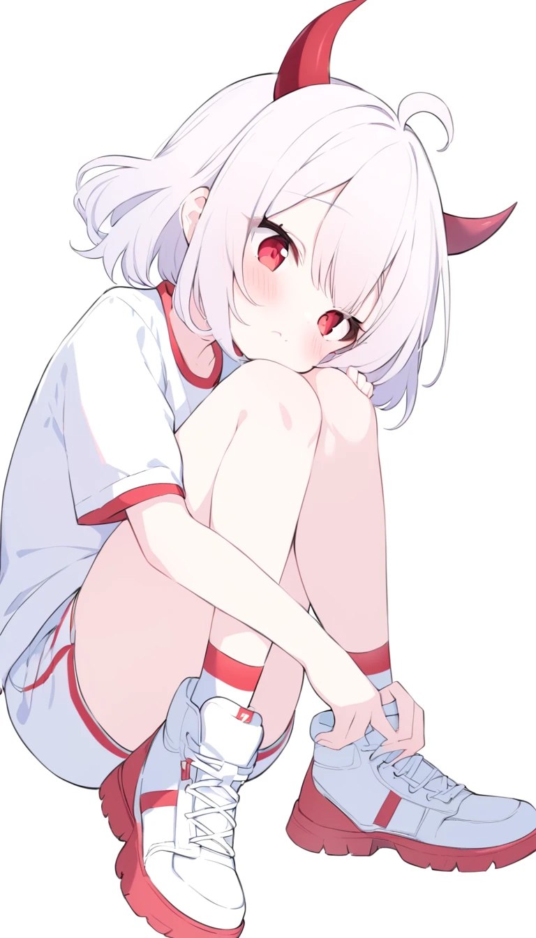  girl, devil girl, small red horns, white hair, short fluffy hair, big red eyes, pale skin, blushing cheeks, red cheeks, white sportswear with a red side stripe from left to right. white background, full body