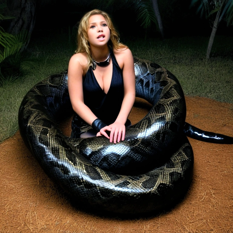  Happy Horny, aroused 1girl), beautiful kneeling young   pornstar  with  giant colossal black titanboa  squeezing her hard, wrapped in thick spiraling coils, constricted, struggle, gasping for air, snake attack, snake peril, moonless night, dim light