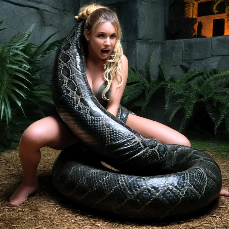  Topless  pink thong wearing aroused horny beautiful happy blonde   girl  vs  Giant black anaconda    monster wrapped around her body squeezing her in coiled embrace cuddling and kissing  sexual erotic bestiality  sex  realistic in the rainforest full body, best quality wet 