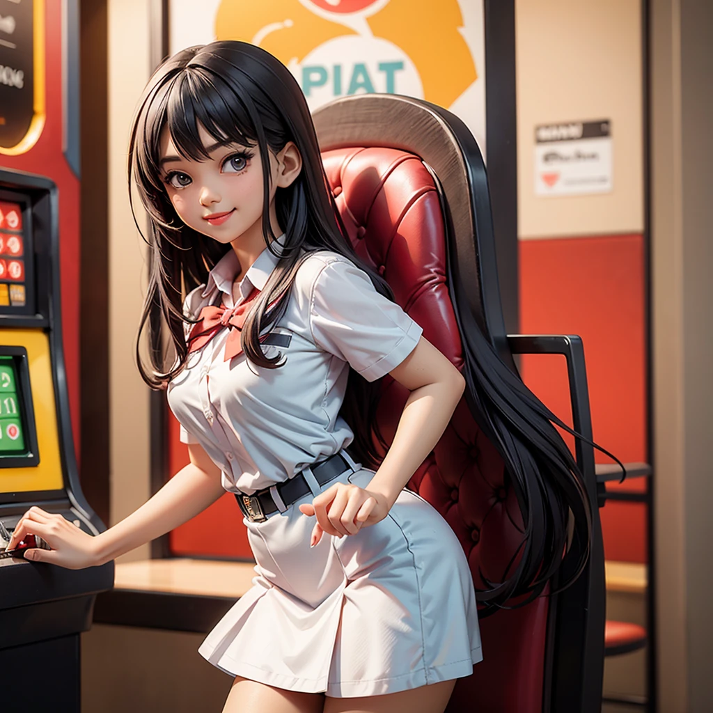 happy and smile, {{indonesian girl}}, {wearing high school uniform}, teasing and waiting customer play, standing, playing in casino, red casino background, polite and kind, Sweet Face,