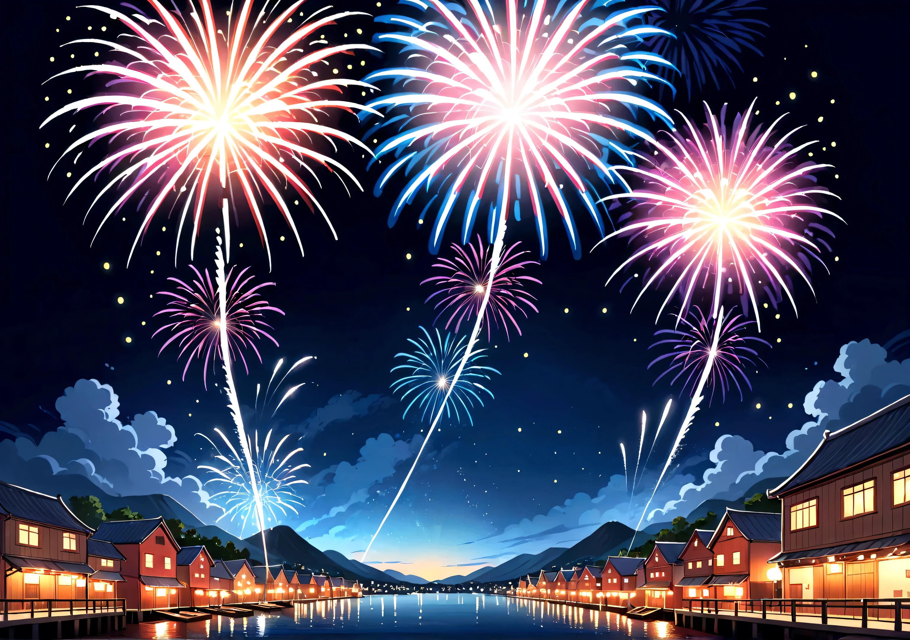 Fireworks festival illustration、night、Cute illustration of fireworks、Handwritten style