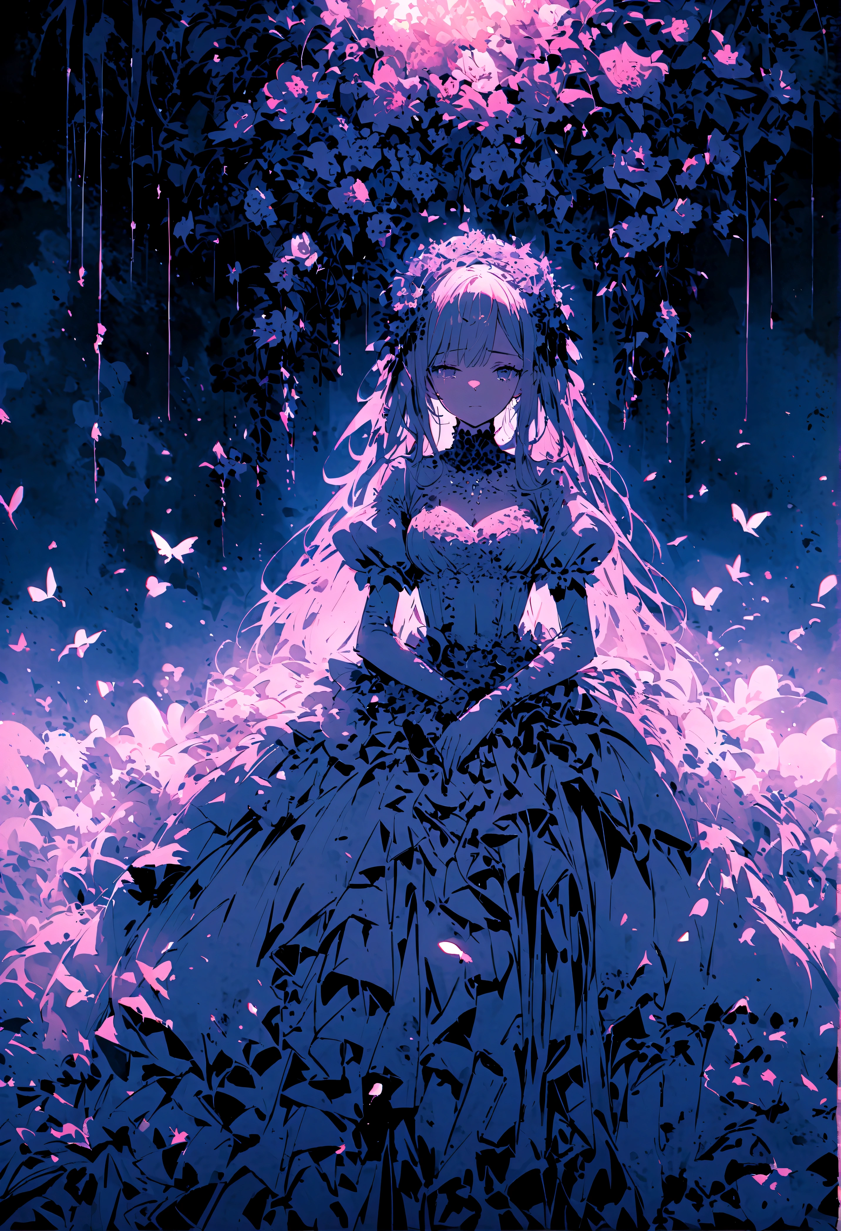 (only one person),Broken church,Cemetery,heavy rain,dark clouds,(Battle damage),Wedding dress,Long hair,Ghost Bride,Dark and gloomy,night,Wilted flowers,Tears