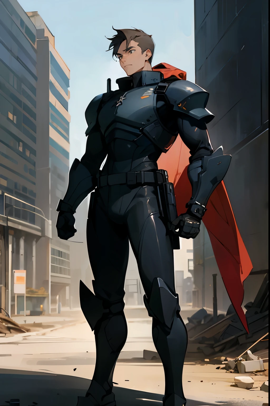 1male , Black Bodysuit , Armored Military Clothing , Standing in a ruined city background , Standing On Sidewalk, Calm Expression , Masterpiece Quality , Armored Gauntless on both hands