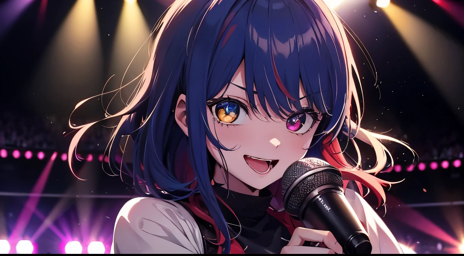 heterochromia、red eyes,yellow eyes、Idol singer singing with live music、Singing while sweating alone、Have fun with a smile、Hair color is blue hair、Proud Idol、slim figure、The background is the stage