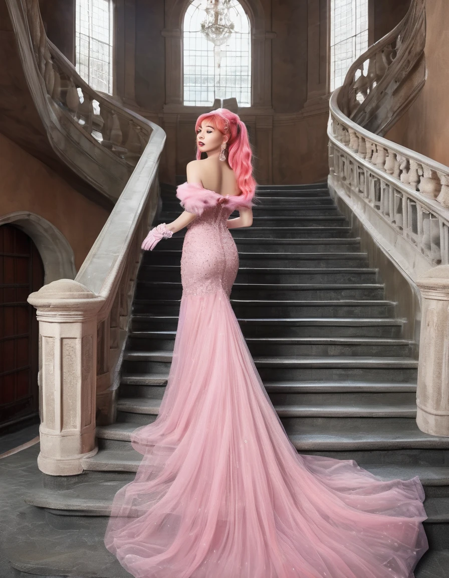 ((masterpiece, Highest quality, Best image quality, High resolution, Realistic, RAW Photos, 8K)), Woman in evening dress, (Long pink hairhair tied back, Jeweled wig, Long gloves, Glass Slipper, Bare shoulders, Bareback), from halfway up the wide staircase leading to the castle, Look down,
