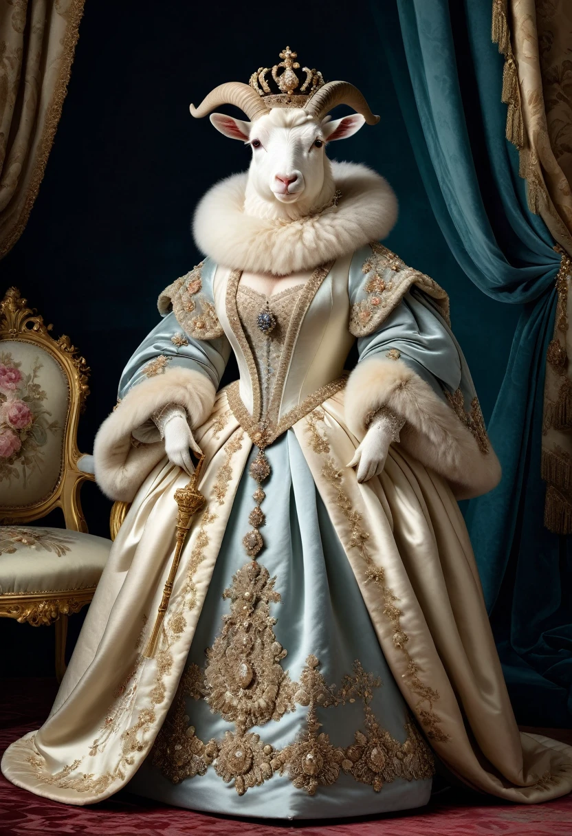 photorealistic portrait of Dressed animals - a ((fat)) angora goat Queen, (full body image:1.5),(elegant pose:1.5) Wearing luxury sack-back gown,(wearing luxury tiara),holding scepter, Old-fashioned luxury clothes, detailed and opulent description of a queen's aristocratic sack-back gown in Rococo style, sitting on the throne, emphasizing luxurious fabrics, intricate embroidery, and ornate accessories, Rococo style king palace background,(viewed from side:1.5)