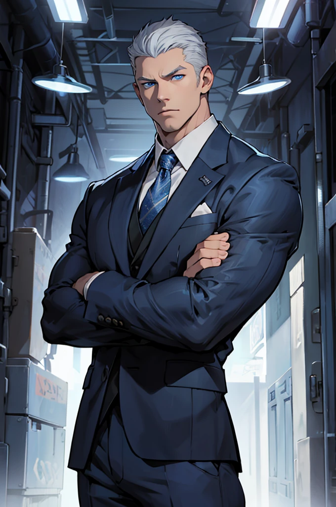 Drawing of a young Chad, Dark blue suit,tie, White shirt,Pants, Looking at the camera, male,Silver short hair,Blue Eyes,muscle,bodyguard