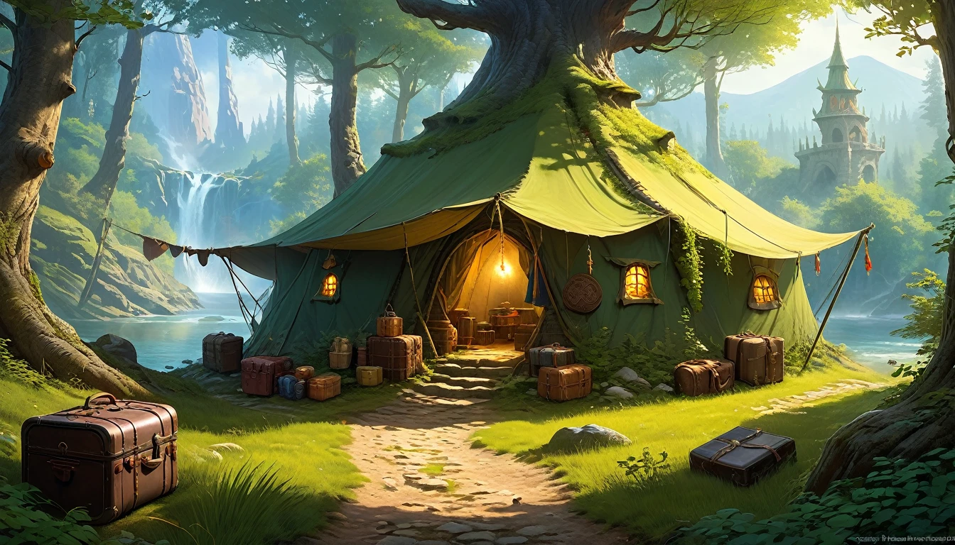 (by Greg Rutkowski: 1.2), (masterpiece, best quality, high resolution, highly detailed, depth of filed, HDR:1.2), extremely delicate and beautiful, illustration, pale colors, (fantasy landscape, from dungeon and dragons), A mesmerizing fantasy with enchanting elements blending seamlessly. ((a traveler small camp in the forest path, people, luggage, boxes)).