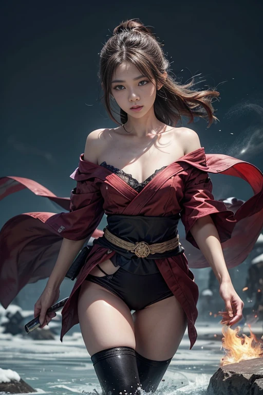 (RAW shooting, Photoreal:1.5, 8K, highest quality, masterpiece, ultra high resolution), Sengoku, Fire, Wars flaring up everywhere:1.3, perfect dynamic composition:1.2, Highly detailed skin and facial textures:1.2, Slim female samurai with a sharp Japanese sword:1.3, Fight:1.2, beautiful and aesthetic, cute and sexy beauty, perfect style:1.2, wear elaborate rings, fire, water, wind, Thunder, ice, Fair skin, very beautiful face, (Medium chest, Chest gap), (embarrassing smile, The expression on your face when you feel intense caress, Facial expression when feeling pleasure), Dull-colored combat uniform,A real sniper,Covert,(Wearing a sexy Sengoku uniform:1.1, off shoulder), (beautiful gray eyes, Eyes that feel beautiful eros:0.8), (Too erotic:0.9, Bewitching:0.9), full body shot,Small breasts,Flat Chest,Small hips,Are thin,Slim figure,Thin legs,Thin thighs,Upper kick,beautiful korean girl, beautiful Asian face,Hidden Weapon in Hairpin,Concealed weapon on waist,Please note that rubber was not used at this time.,Please note that clothing is limited to natural materials such as thin cotton.,Please note that underwear is not generally worn.,Flat chest,Battle of the Last Boss,Standing alone against the final, most powerful enemy,The climax,final battle,Dawn is Near!,ホボ平らな胸,細い腰,細い脚,