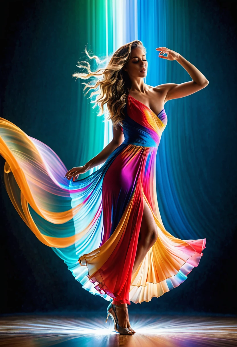 (best quality, 8k, masterpiece, highres, ultra-detailed), photorealistic, woman, dancing, swirling vortex, colors, light, fluid, graceful, defying gravity, shimmering iridescent dress, luminous flowing hair, abstract shapes, textures, dreamlike unreality, ethereal, vibrant, dynamic, motion blur, magical, mystical, fantasy, intricate details, realistic anatomy.