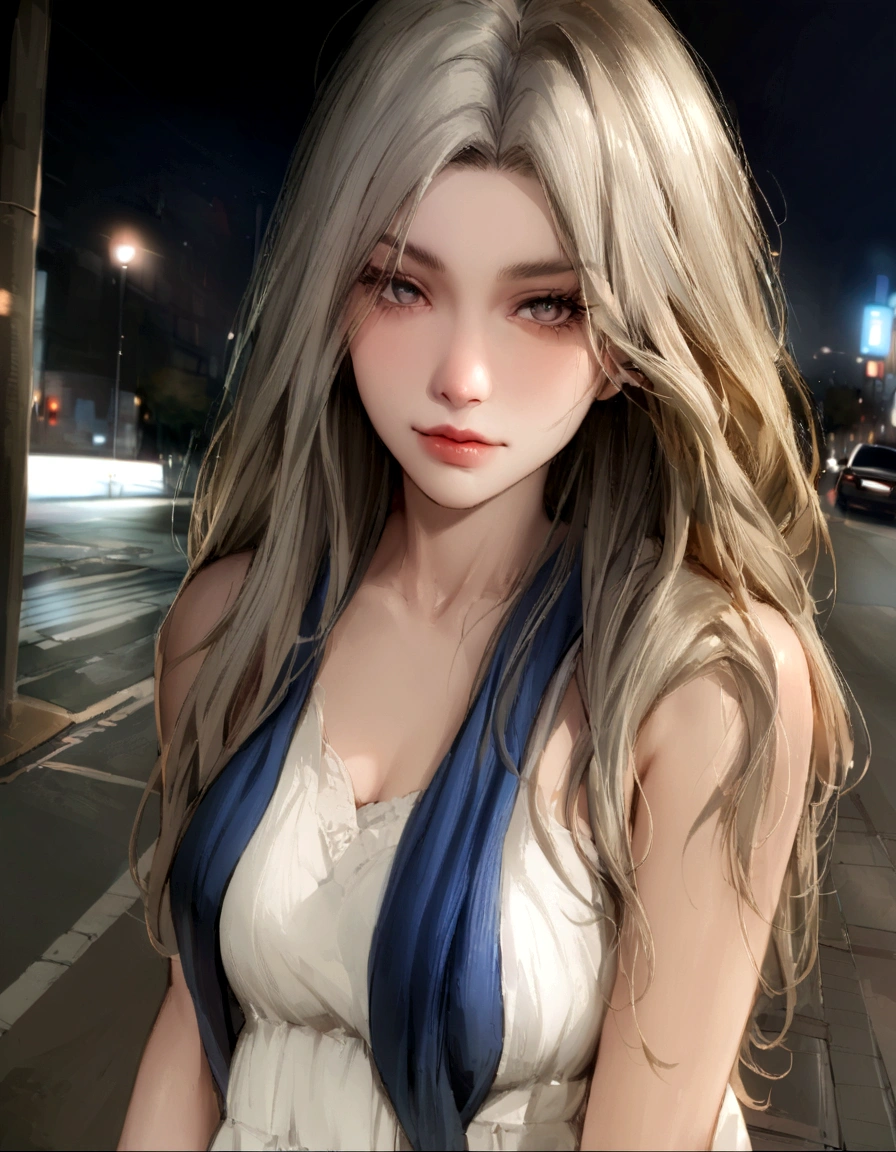 A woman stands on a city street at night,The background is a city street