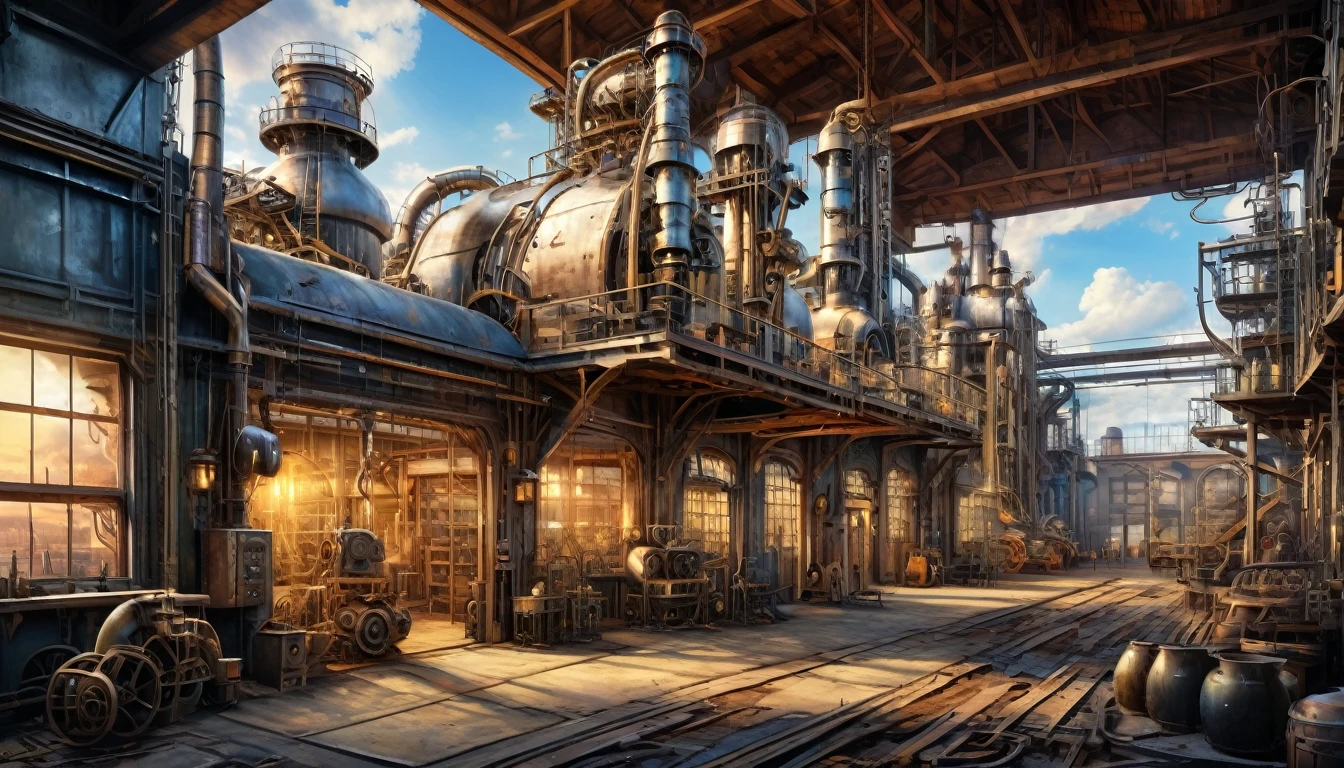 The farmhouse reimagined as an industrial revolution-era factory with smokestacks, machinery, and a bustling atmosphere. Style of H R Giger. Hyper realistic photo, vibrant colors, 16k