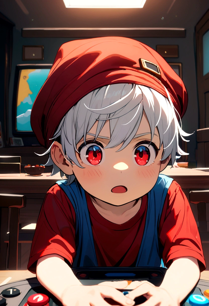 6 year old boy, white hair, red cap backwards, red eyes, blue tank top, red t-shirt inside. Play game