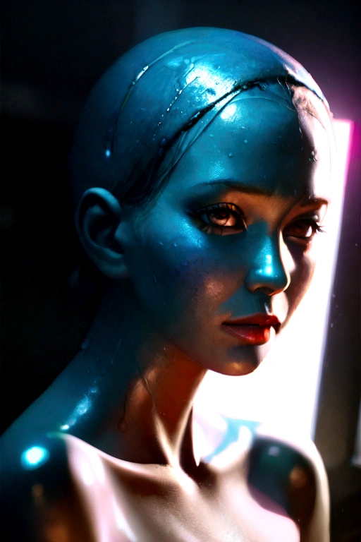 a girl made of slime, naked, extremely intricate and detailed slime texture, beautiful detailed eyes, beautiful detailed lips, extremely detailed face, long eyelashes, glass-like slime skin, glowing translucent slime, cinematic lighting, dramatic, dark moody colors, photorealistic, (best quality,8k,masterpiece:1.2),ultra-detailed,(realistic,photorealistic:1.37)