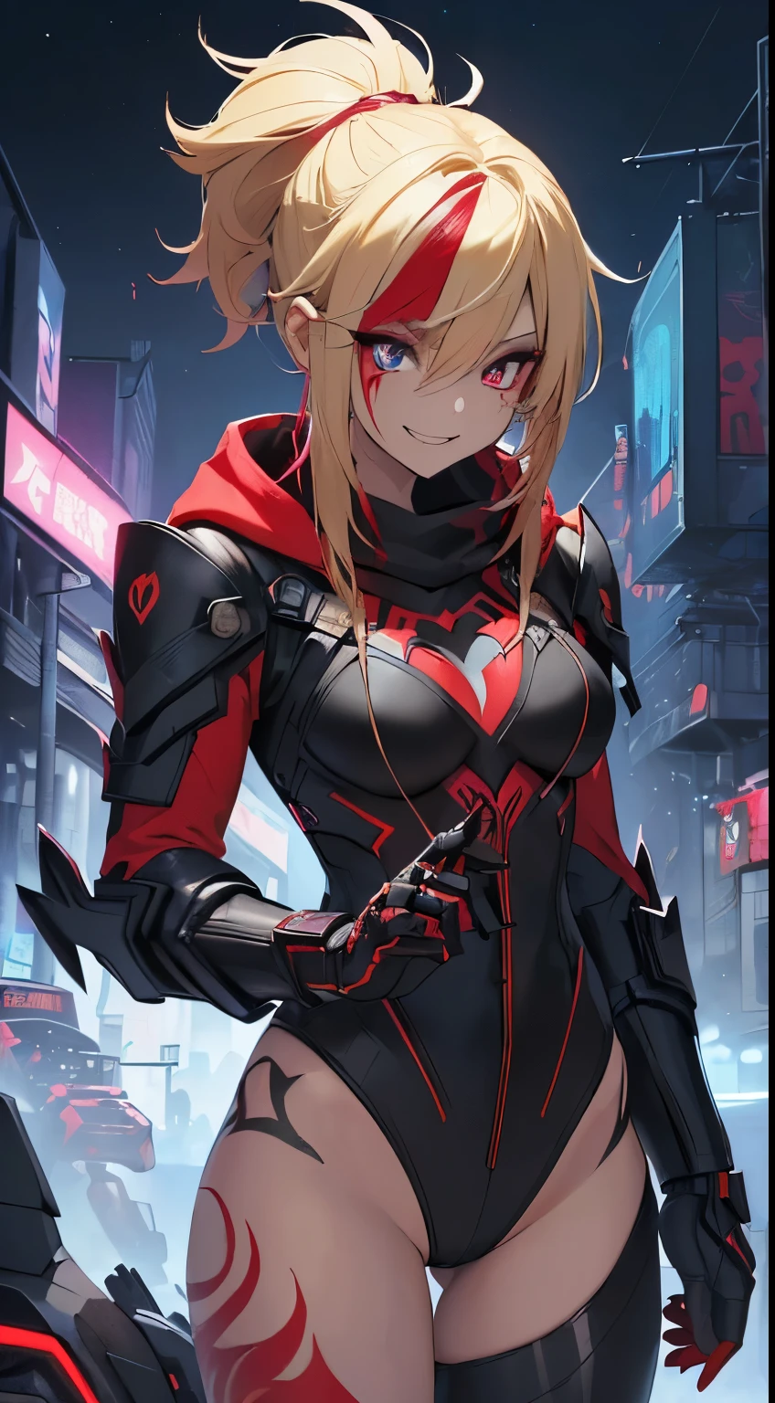 top-quality、Top image quality、masterpiece、evil girl with((18year old、Red, black and blue glowing cyber suit, falda corta, blonde hair streaked with red, black and blues hihlights, mystical,、Shining Cyber White Hoodie、Best Bust、Bust 90、Blonde Away Tail、Red Eyes、Valley、A slender、 insane smile、Red Face tattoo Paint、Black scarf、Reflecting the whole body、Slouch action))hiquality、Beautiful Art、Background with((nightcity、cyberpunked、nightclubasutepiece、Elaborate design、visualart、