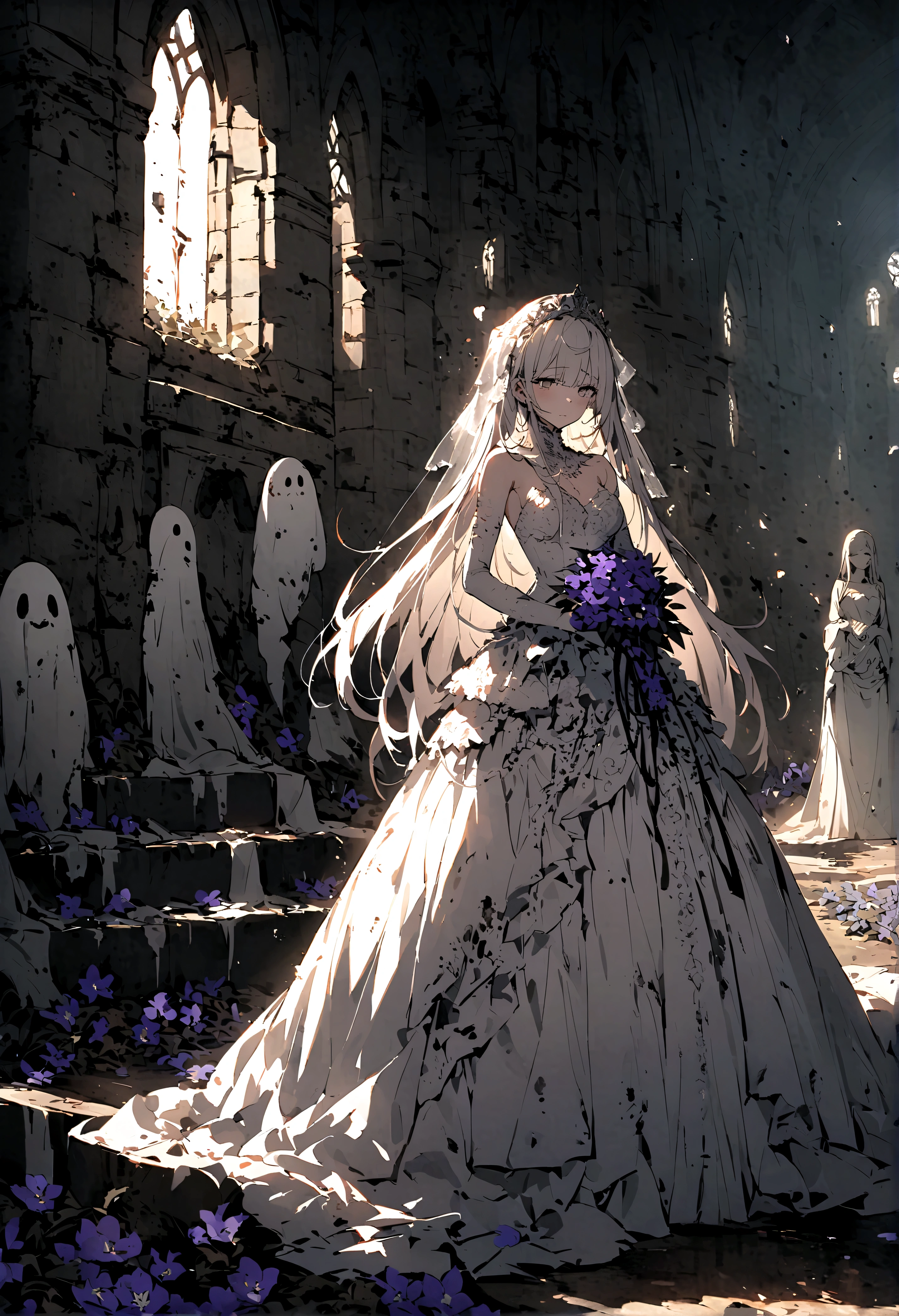 Broken church,Cemetery,heavy rain,dark clouds,(Battle damage),Wedding dress,Long hair,Ghost Bride,Dark and gloomy,night,Wilted flowers,Tears,Fluorescence