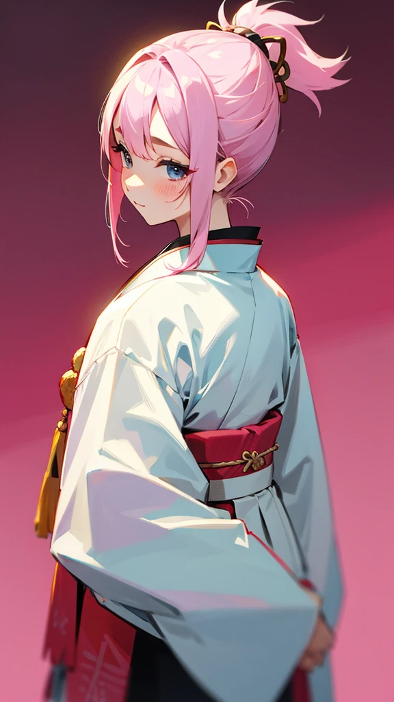 Pink hair in a ponytail。
I'm wearing a Japanese traditional .
Background is white。