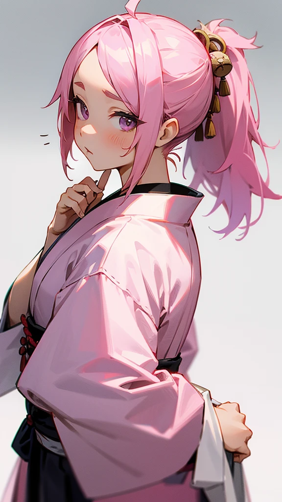 Pink hair in a ponytail。
I'm wearing a Japanese traditional .
Background is white。