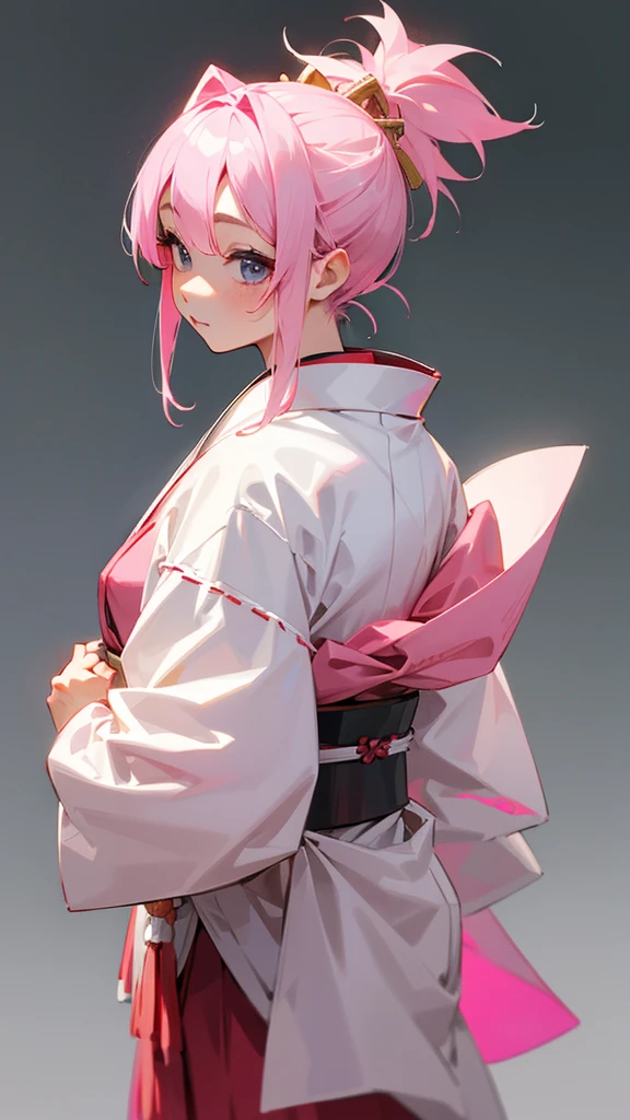 Pink hair in a ponytail。
I'm wearing a Japanese traditional .
Background is white。
