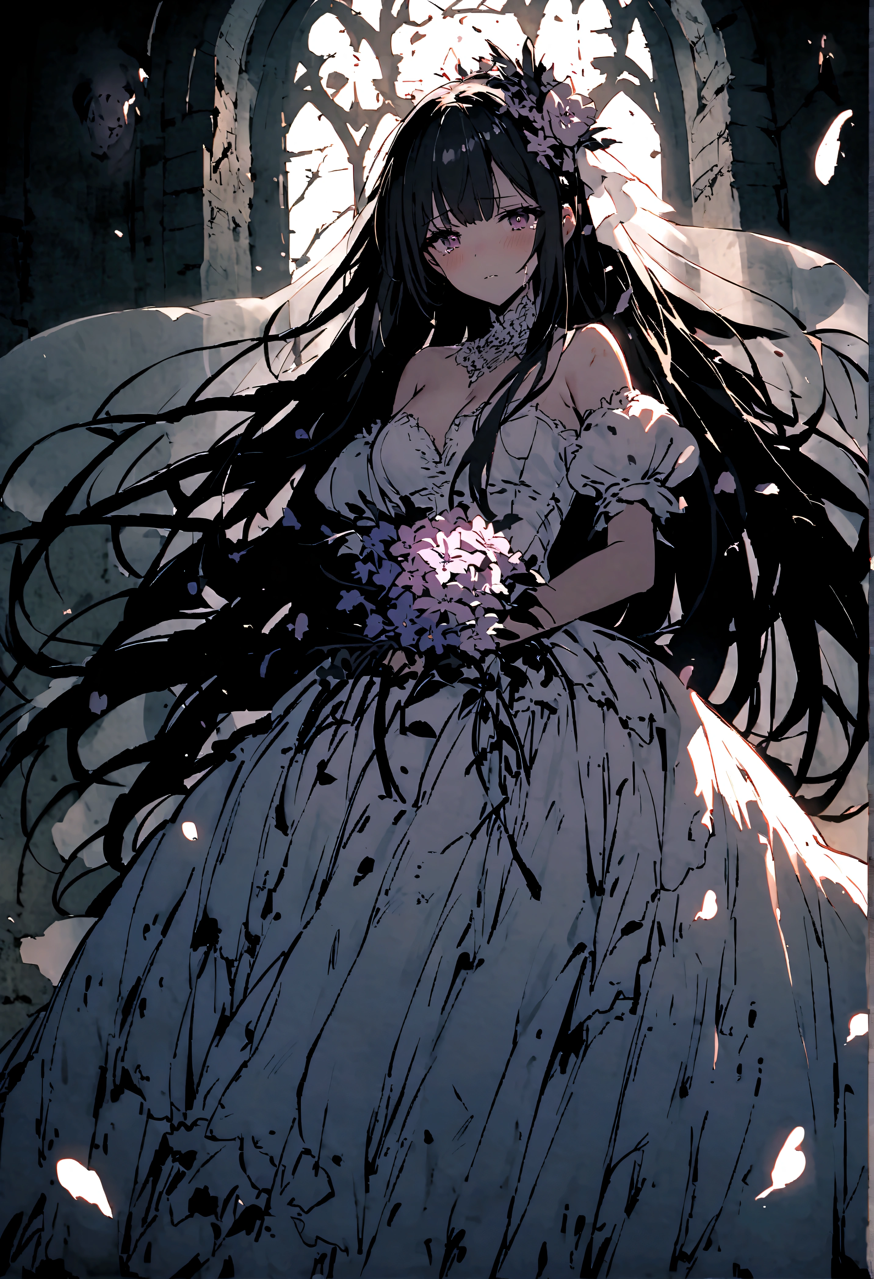 Broken church，Cemetery，heavy rain，dark clouds，(Battle damage)，Wedding dress，Long hair，Ghost Bride，Dark and gloomy，night，Wilted flowers，Tears，Fluorescence