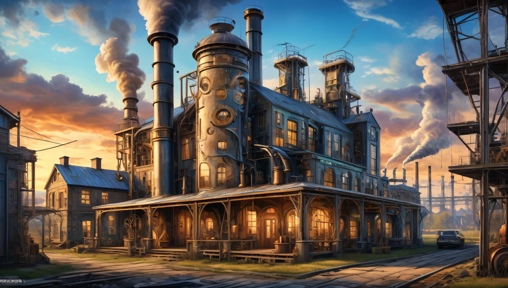 The farmhouse reimagined as an industrial revolution-era factory with smokestacks, machinery, and a bustling atmosphere. Style of H R Giger. Hyper realistic photo, vibrant colors, 16k