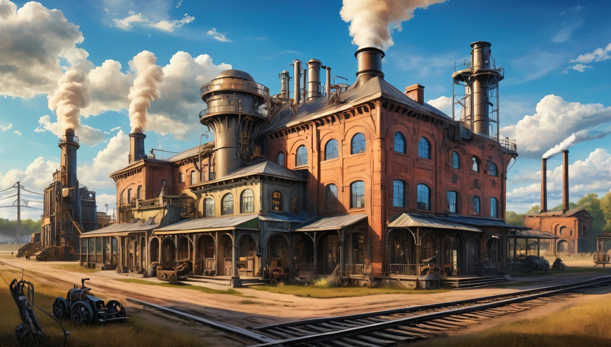 The farmhouse reimagined as an industrial revolution-era factory with smokestacks, machinery, and a bustling atmosphere. Style of H R Giger. Hyper realistic photo, vibrant colors, 16k