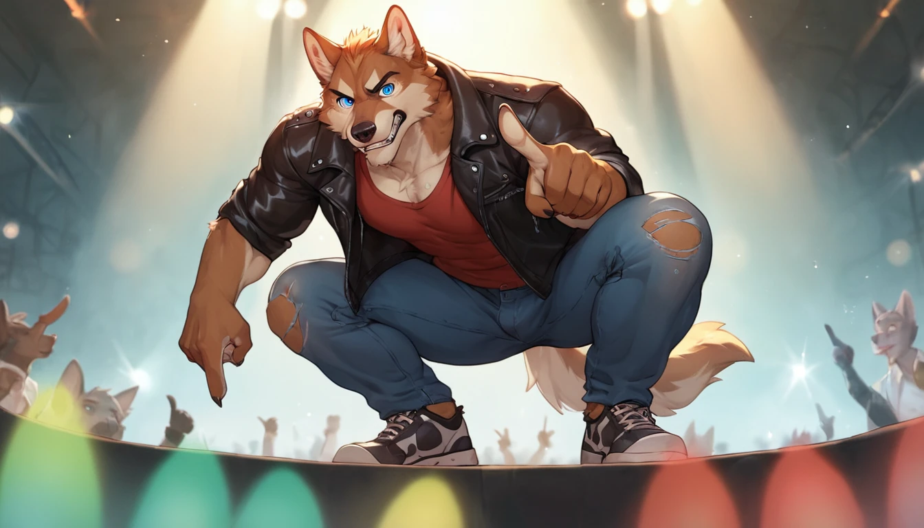 (cinematic, score_8_up,:1.5), by chunie, male, masculine, muscular, plantigrade, (hi-top_sneakers), black leather jacket, ripped jeans, anthro, furry, gray_wolf, (pointing_at_viewer:1.2), looking down at crowd, concert stage, flashing lights, forced_perspective, bottom view, bent over, squatting, posing, dynamic pose, detailed background,((detailed fur)), (detailed eyes:1.5), large eyes, blue eyes, full body,