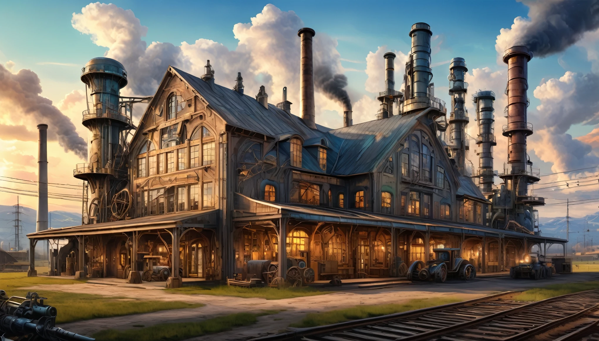 The farmhouse reimagined as an industrial revolution-era factory with smokestacks, machinery, and a bustling atmosphere. Style of H R Giger. Hyper realistic photo, vibrant colors, 16k