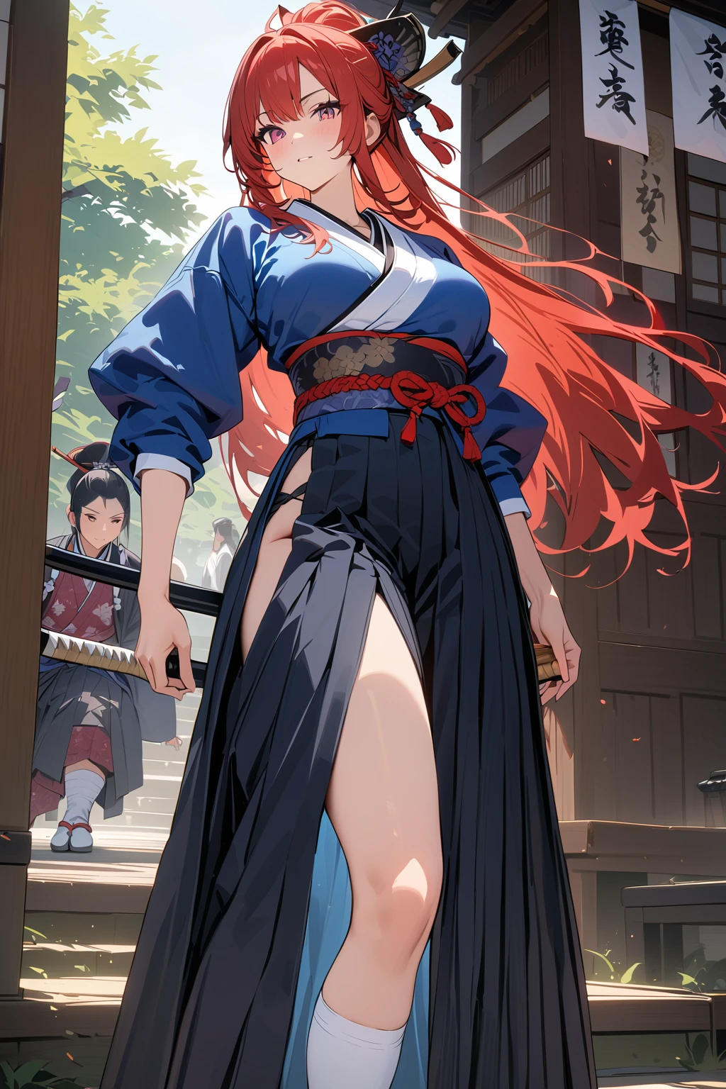 (masterpiece, best quality:1.5), (ultra detailed, high resolution, 8k, beautiful detailed, UHD, best anatomy), 1 cool girl, red hair, medium breasts, Women's Hakama, Japanese Samurai, kamishimo, tabi, Warring States period (of Japanese history, approx. 1467-1568 CE)