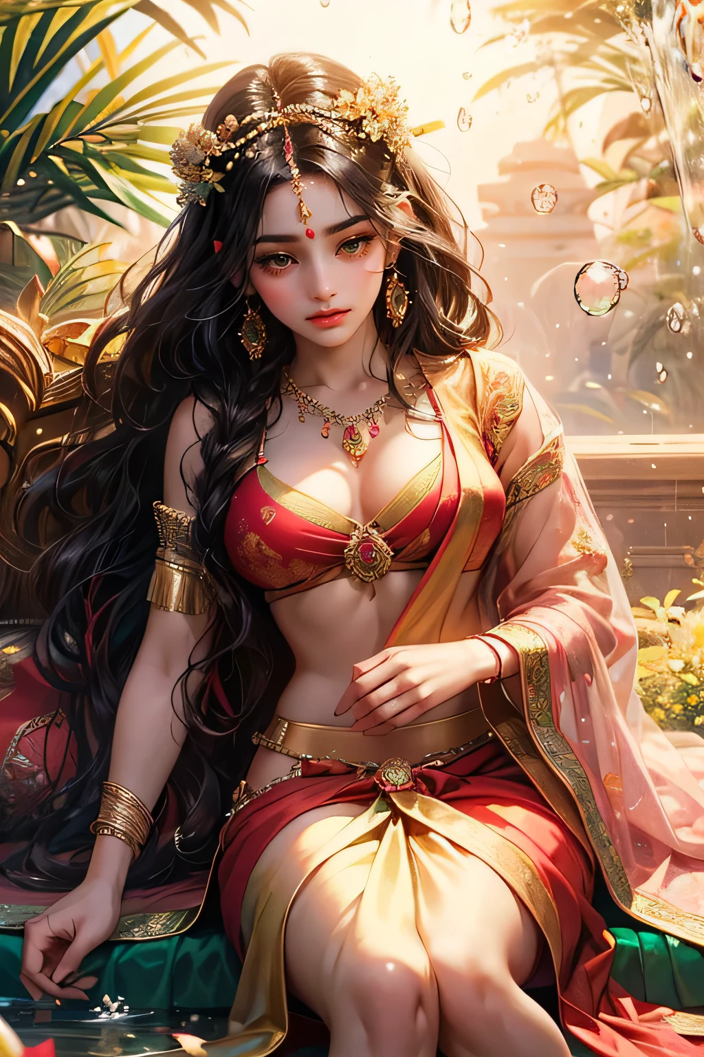 Goddess parvati, animated style, closeup shot, anime in a red and green combination indian dress(saree or lahaenga choli), long black hair wavy hair untied with hair ornaments, innocent expression, bright big blake eyes, holding a flower, natural beauty, vibrant colors, dreamy, northern light, pink bubble, romantic, soft lighting, vintage aesthetic