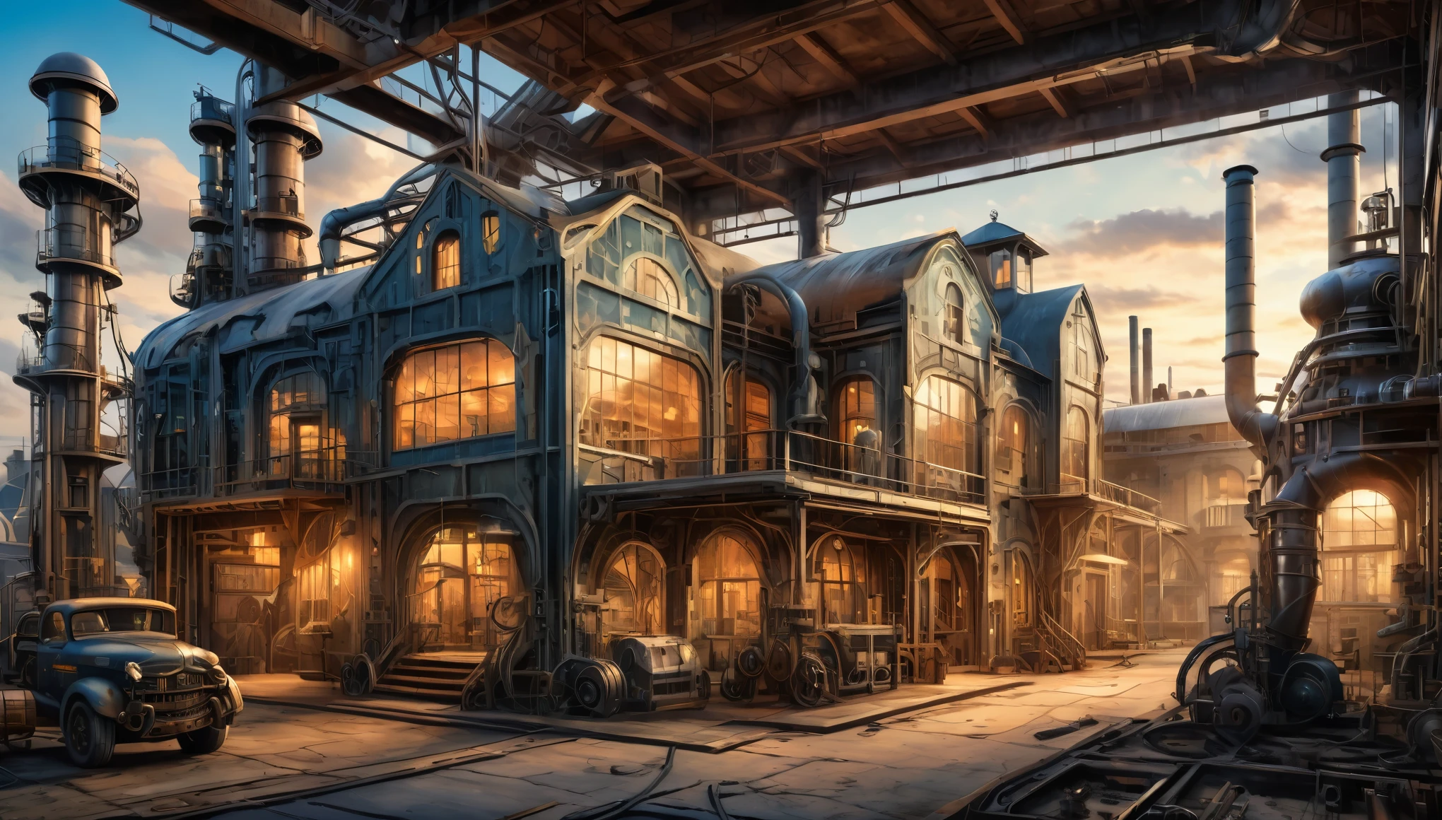 The farmhouse reimagined as an industrial revolution-era factory with smokestacks, machinery, and a bustling atmosphere. Style of H R Giger. Hyper realistic photo, vibrant colors, 16k