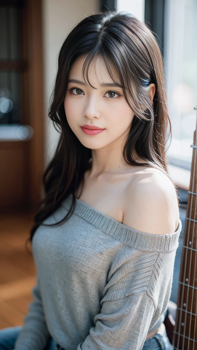 best quality, masterpiece, beautiful and aesthetic, 16K, (HDR:1.4), high contrast, bokeh:1.2, lens flare, (vibrant color:1.4), (muted colors, dim colors, soothing tones:0), cinematic lighting, ambient lighting, sidelighting, Exquisite details and textures, cinematic shot, Warm tone, (Bright and intense:1.2), wide shot, by playai, ultra realistic illustration, siena natural ratio, anime style, a picture from a high angle, a view from above, long Straight black hair with blunt bangs, (a charming smile:1), Gray bracelet, a oversized off-shoulder pink an oversized T-shirt, jeans, playing Gibson bass guitar, a sexy instagram Hot Swiss model, with a tattoo, oversized clevage,(sexy pose), Broken Glass effect, no background, stunning, something that even doesn't exist, mythical being, energy, molecular, textures, iridescent and luminescent scales, breathtaking beauty, pure perfection, divine presence, unforgettable, impressive, breathtaking beauty, Volumetric light, auras, rays, vivid colors reflects.