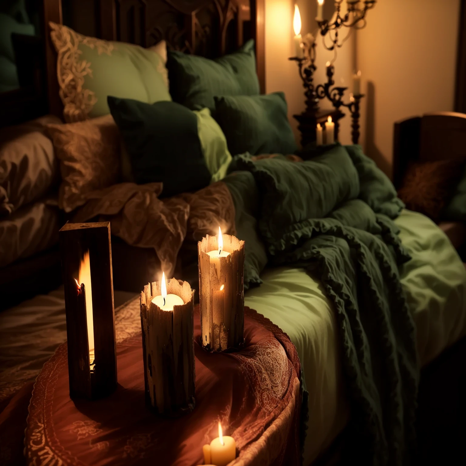candles are lit on a table in a bedroom with a bed, cozy candlelight, cozy and peaceful atmosphere, cozy atmospheric, cozy home background, cozy and calm, cosy atmoshpere, cosy enchanted scene, cozy atmosphere, cozy setting, lit with candles, cozy place, cozy environment, romantic atmosphere, pleasant cozy atmosphere, cozy lighting, room full of candles