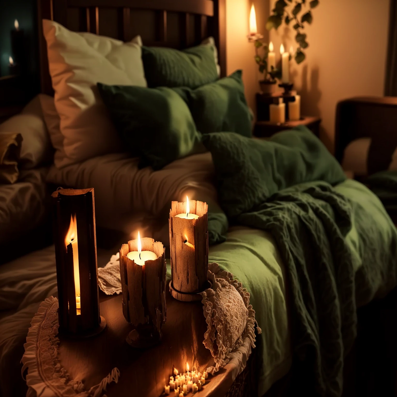 candles are lit on a table in a bedroom with a bed, cozy candlelight, cozy and peaceful atmosphere, cozy atmospheric, cozy home background, cozy and calm, cosy atmoshpere, cosy enchanted scene, cozy atmosphere, cozy setting, lit with candles, cozy place, cozy environment, romantic atmosphere, pleasant cozy atmosphere, cozy lighting, room full of candles