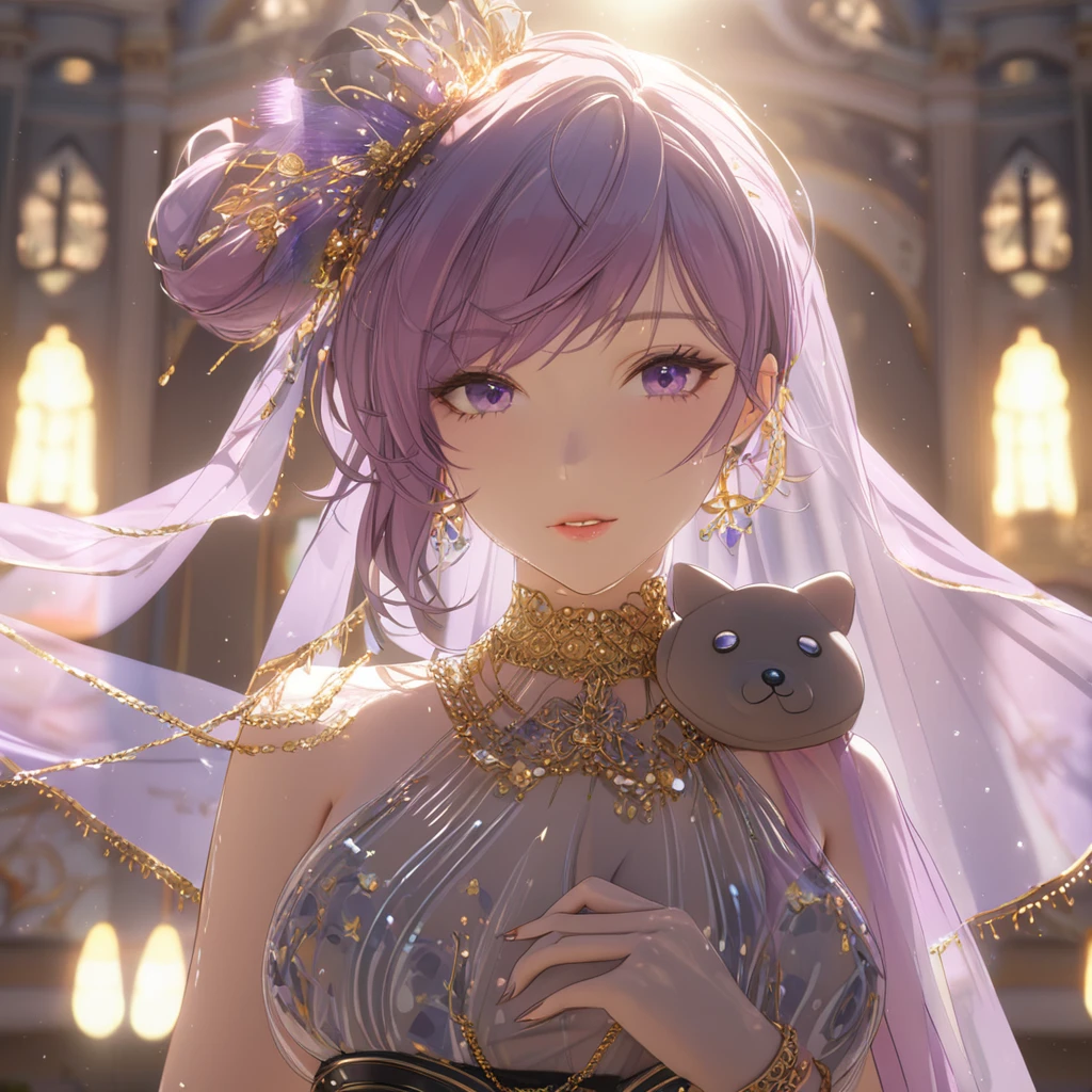 a beautiful woman in a sheer, elegant outfit, wearing a light, translucent purple shawl on her head, perfect for hot summer weather, idol-like presence, with gold accessories balanced throughout, posing with a plush dog toy, highres, 8k, detailed, photorealistic, dramatic lighting, warm color tones, (best quality:1.4), (masterpiece:1.2), ultra-detailed