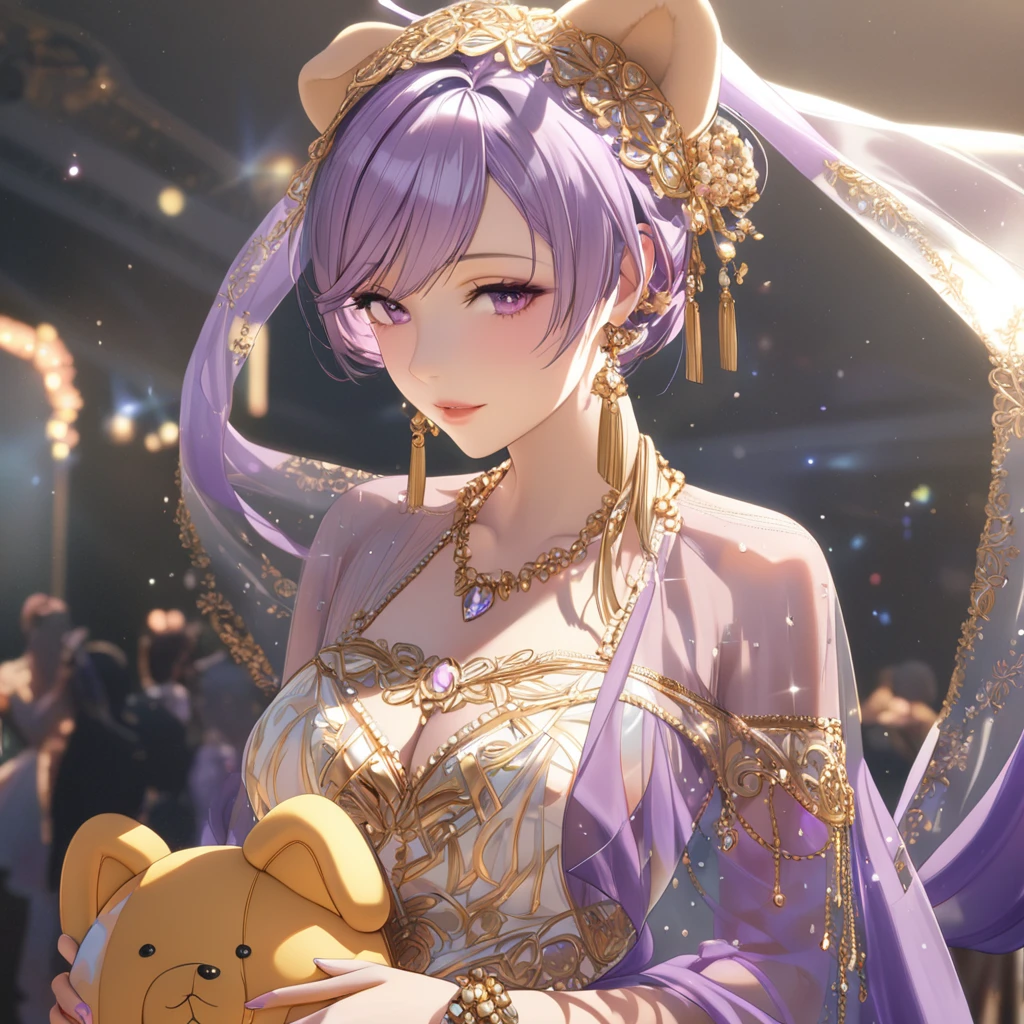 a beautiful woman in a sheer, elegant outfit, wearing a light, translucent purple shawl on her head, perfect for hot summer weather, idol-like presence, with gold accessories balanced throughout, posing with a plush dog toy, highres, 8k, detailed, photorealistic, dramatic lighting, warm color tones, (best quality:1.4), (masterpiece:1.2), ultra-detailed