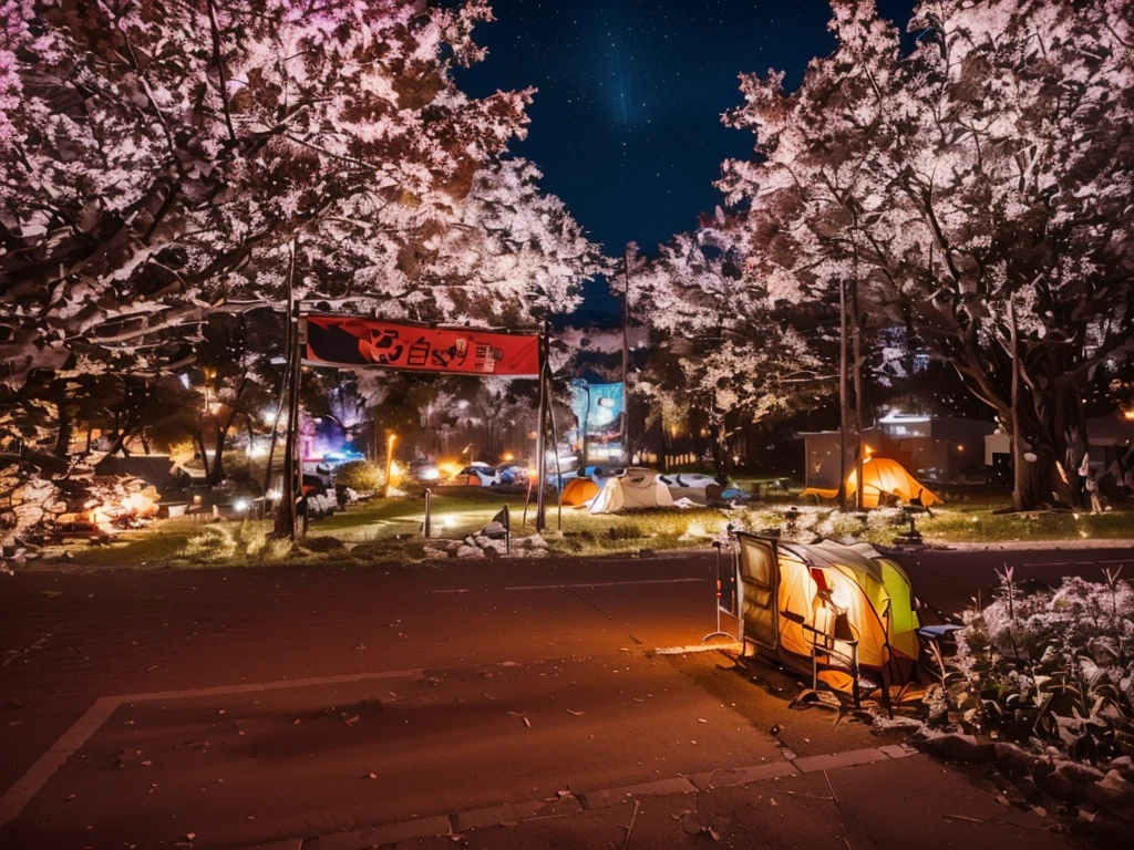 The sky is dotted with stars at night，Camping site in the park, Night view, Warm lighting, The background is the park, Cyberpunk style, Campsite at night, captured with sony a3 camera, Wide field of view, masterpiece，High Detail，high resolution，8K