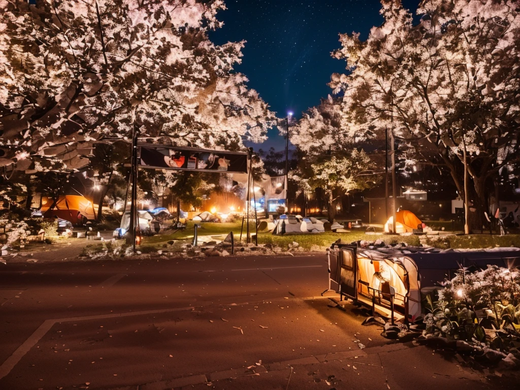 The sky is dotted with stars at night，Camping site in the park, Night view, Warm lighting, The background is the park, Cyberpunk style, Campsite at night, captured with sony a3 camera, Wide field of view, masterpiece，High Detail，high resolution，8K