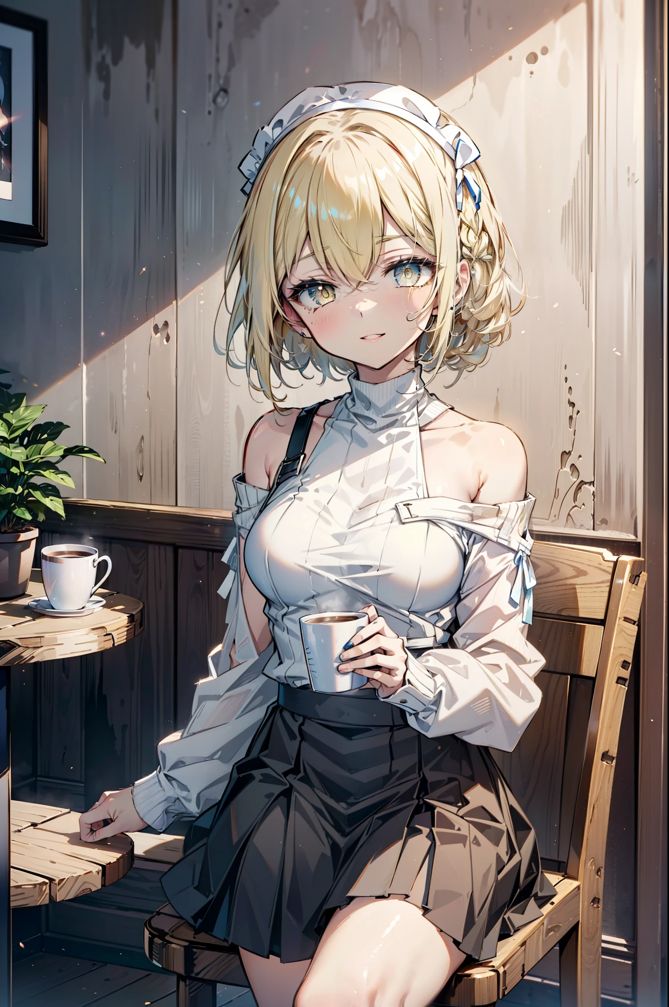(アイスWallenstein, Wallenstein, blonde, Hair between the eyes, hair band, happy smile, smile, Open your mouth,Blonde,Long Hair, (Yellow Eyes:1.5),One-shoulder sweater,Long skirt,short boots,Sitting in a chair,There is food on the table,Daytime,Clear skies,whole bodyがイラストに入るように, break looking at viewer, whole body, break indoors,Coffee shop,, break (masterpiece:1.2), Highest quality, High resolution, unity 8k wallpaper, (shape:0.8), (Beautiful and beautiful eyes:1.6), Highly detailed face, Perfect lighting, Extremely detailed CG, (Perfect hands, Perfect Anatomy),